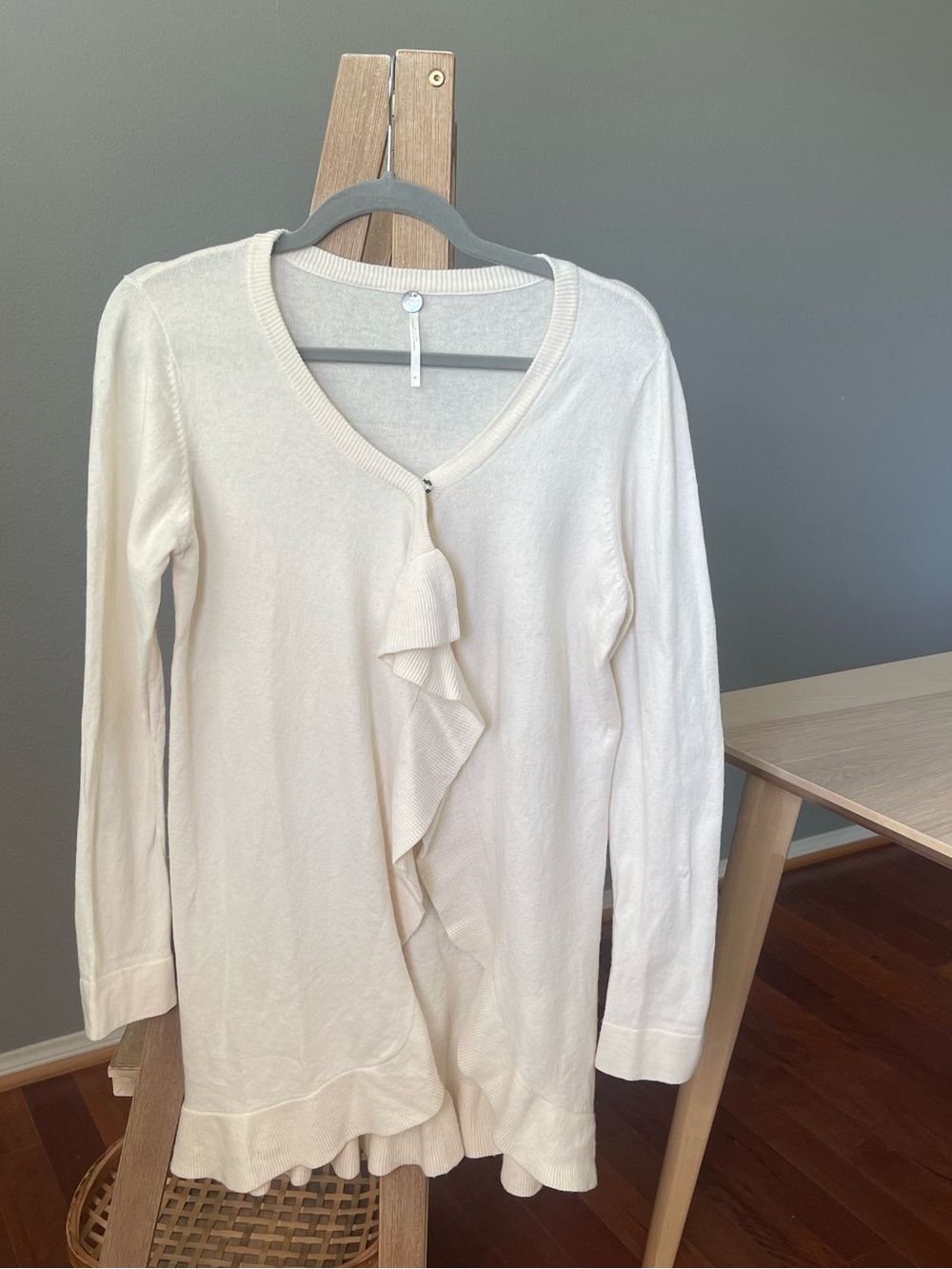 Margaret O'Leary Ruffle Front Sweater Cardigan M Cream Merino Wool / Cotton Y2K